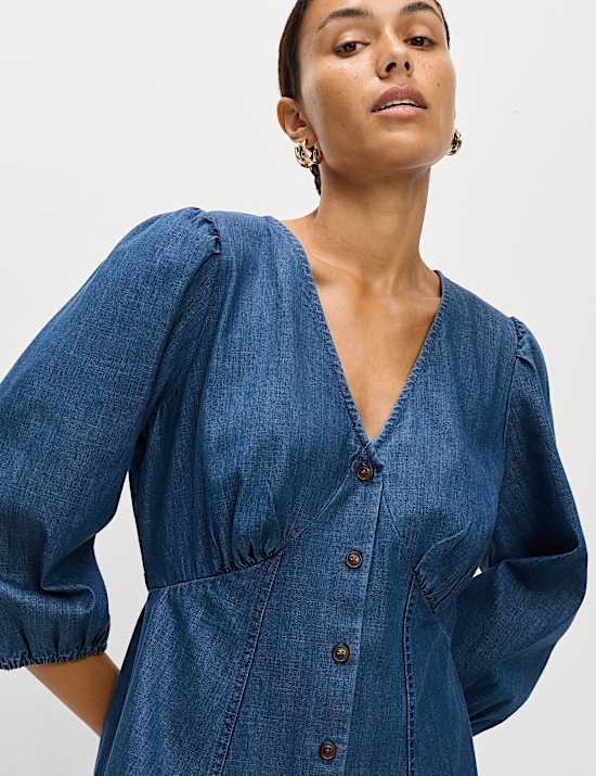 Denim V-Neck Tie Waist Midi Tea Dress