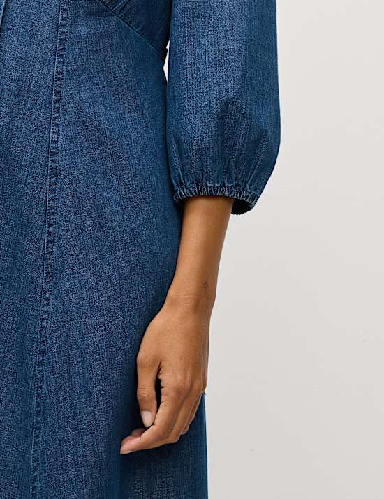 Denim V-Neck Tie Waist Midi Tea Dress