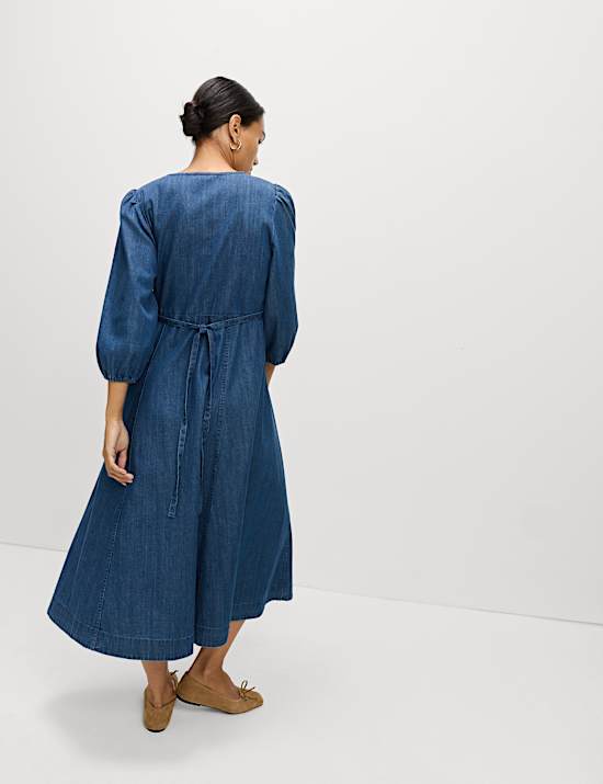 Denim V-Neck Tie Waist Midi Tea Dress