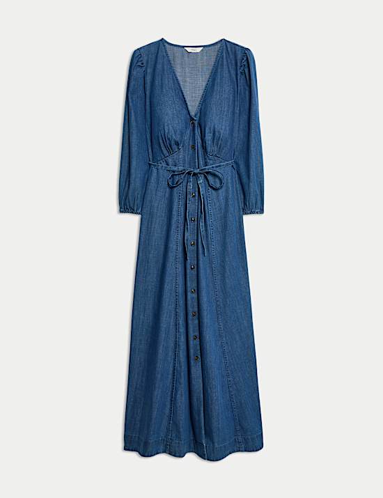Denim V-Neck Tie Waist Midi Tea Dress
