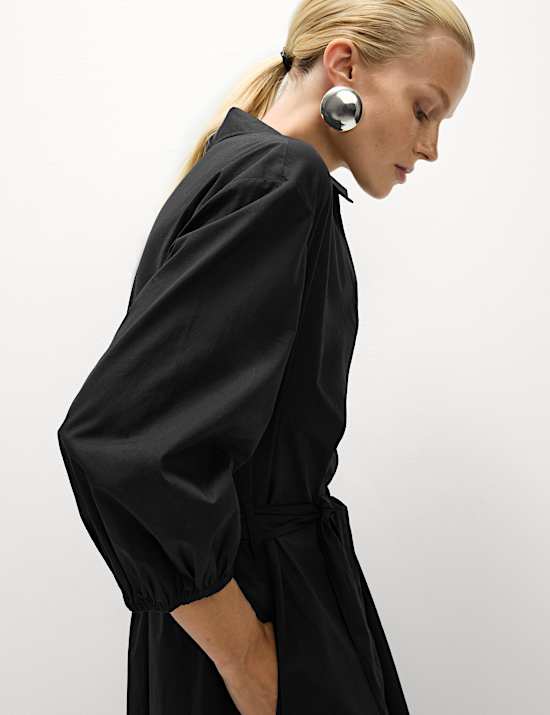 Pure Cotton V-Neck Midi Shirt Dress