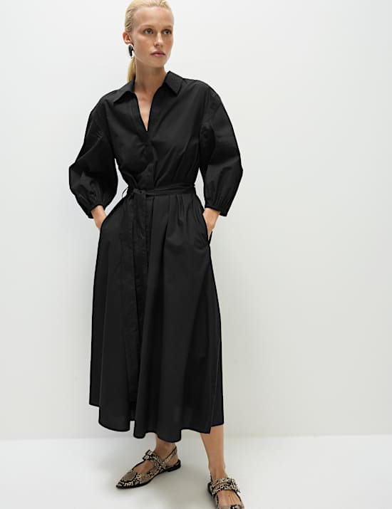 Pure Cotton V-Neck Midi Shirt Dress