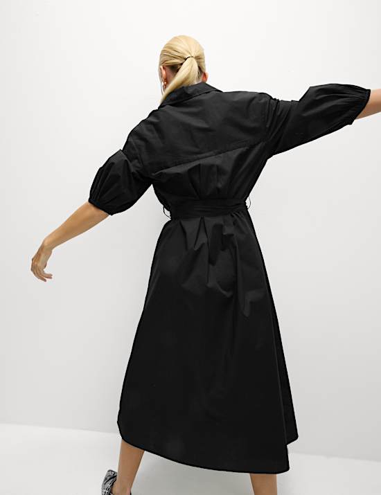 Pure Cotton V-Neck Midi Shirt Dress