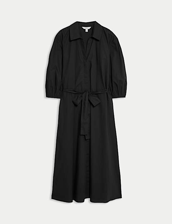 Pure Cotton V-Neck Midi Shirt Dress