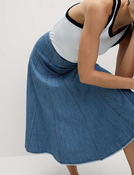 Denim Seam Detail Midi A-Line Skirt