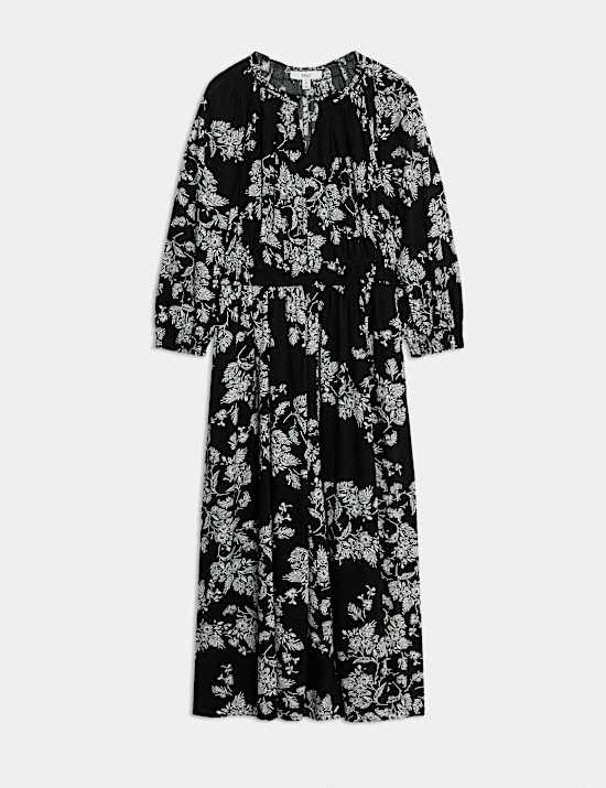 Midi šaty ze směsi bavlny a zvýrazněným pasem s motivem květin