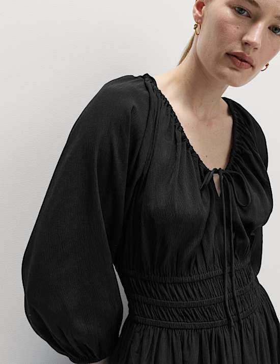 V-Neck Tie Detail Midi Waisted Dress