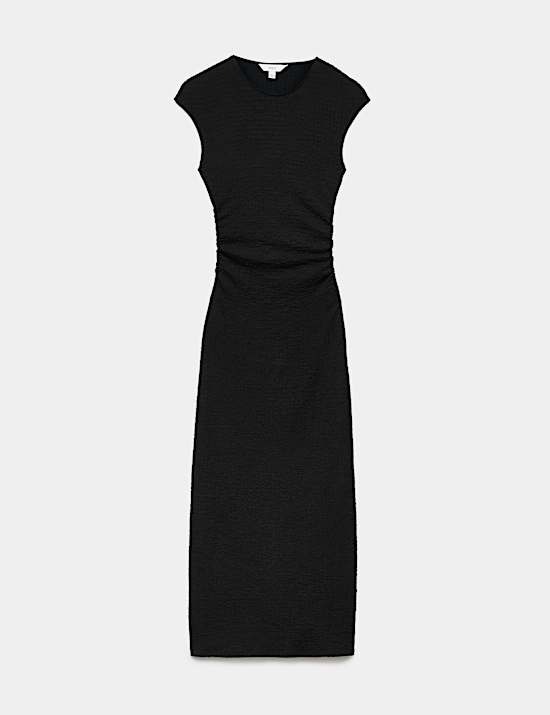 Textured Round Neck Midi Bodycon Dress