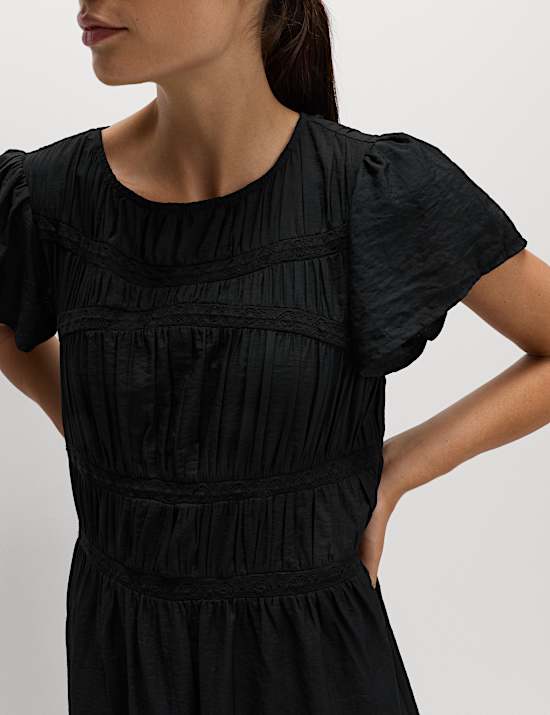 Angel Sleeve Midi Shirred Waisted Dress