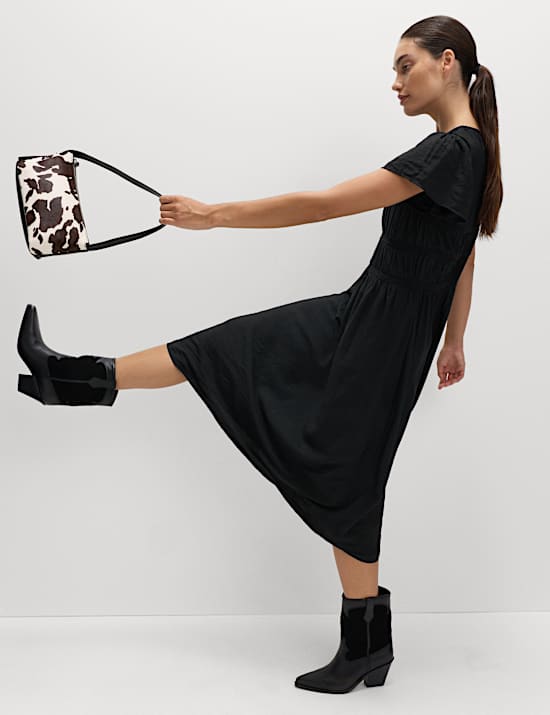 Angel Sleeve Midi Shirred Waisted Dress