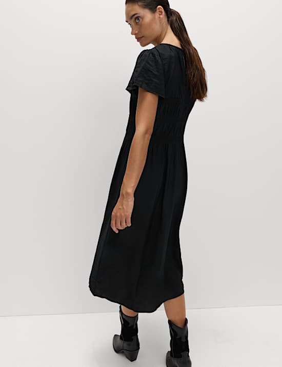 Angel Sleeve Midi Shirred Waisted Dress