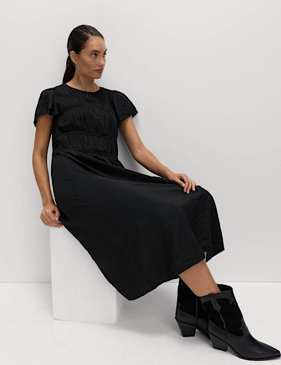 Angel Sleeve Midi Shirred Waisted Dress