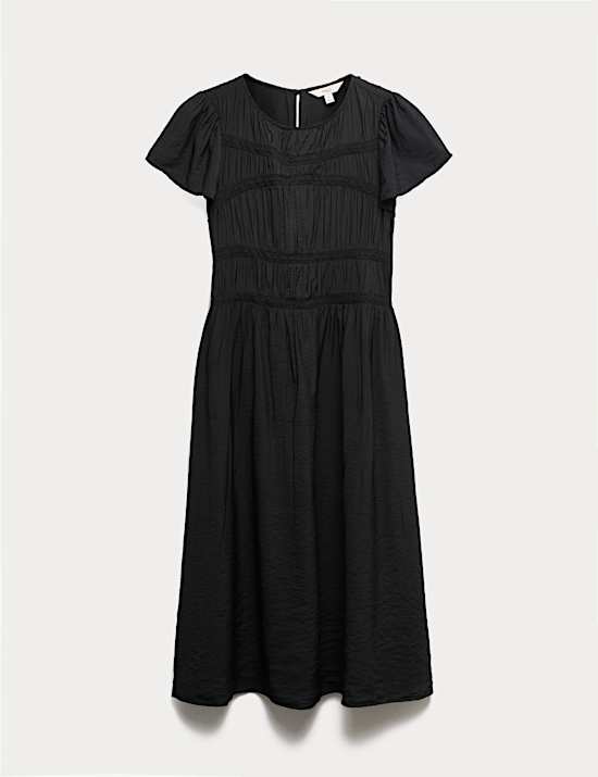 Angel Sleeve Midi Shirred Waisted Dress