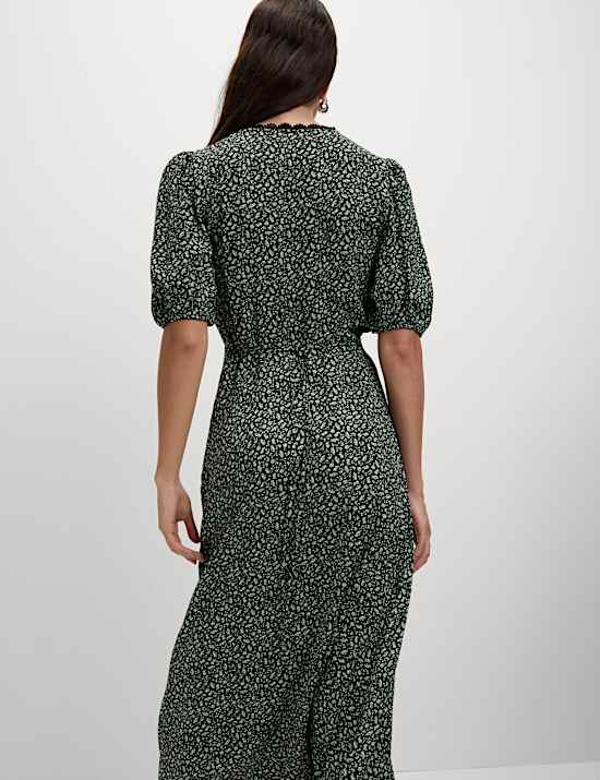 Printed V-Neck Midi Tea Dress