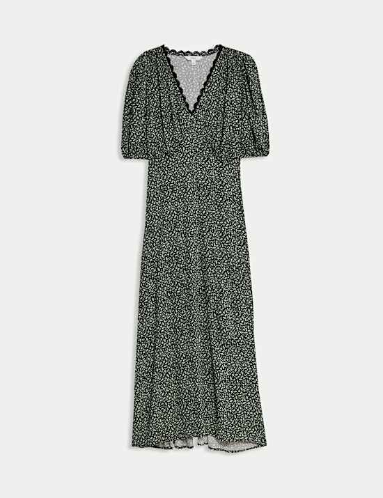 Printed V-Neck Midi Tea Dress