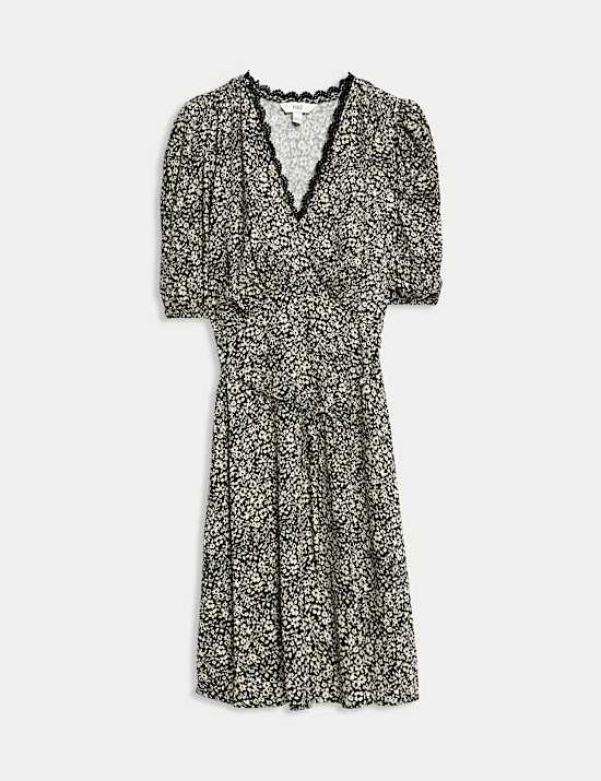 Printed V-Neck Tie Waist Mini Tea Dress