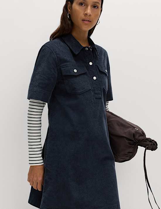 Cotton Rich Cord Collared Mini Shirt Dress