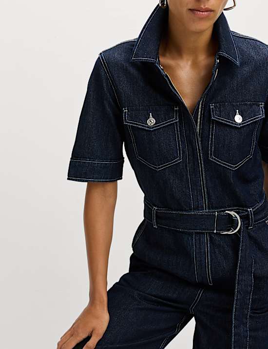 Denim Belted Wide Leg Utility Jumpsuit