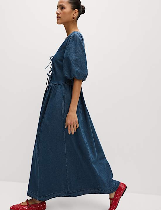 Denim V-Neck Tie Detail Midi Waisted Dress