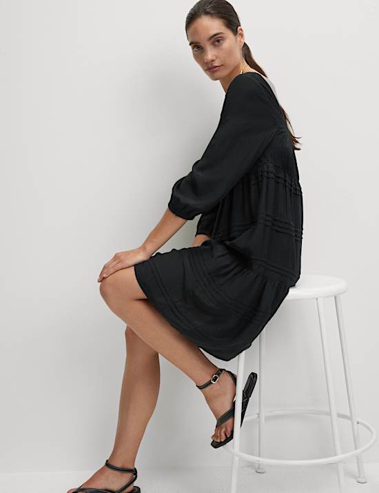 Square Neck Pintuck Mini Waisted Dress