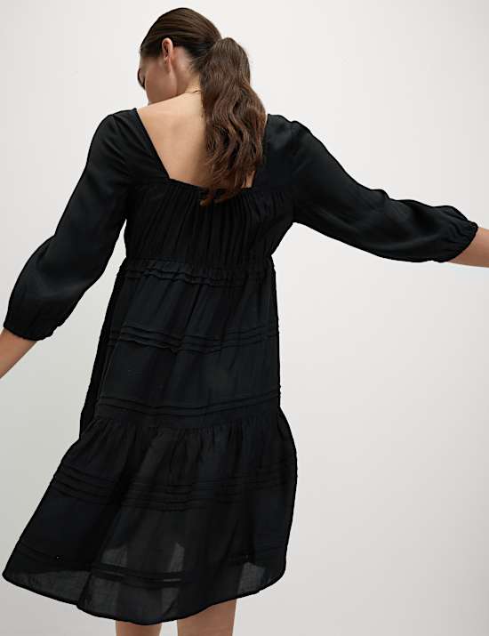 Square Neck Pintuck Mini Waisted Dress