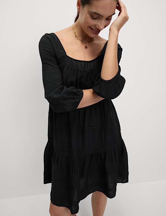 Square Neck Pintuck Mini Waisted Dress