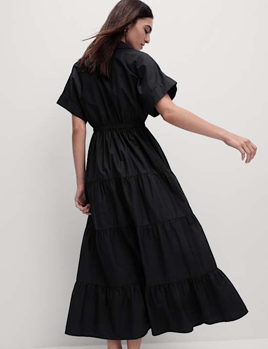 Pure Cotton V-Neck Midaxi Tiered Shirt Dress