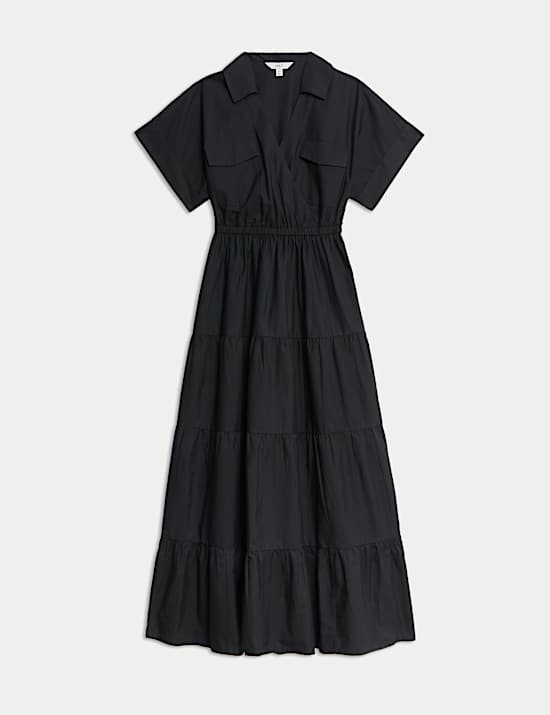 Pure Cotton V-Neck Midaxi Tiered Shirt Dress