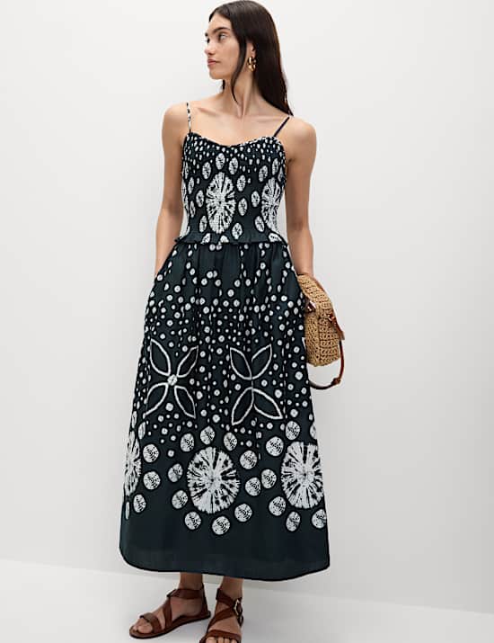 Pure Cotton Floral Midi Waisted Dress