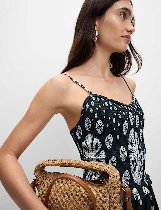 Pure Cotton Floral Midi Waisted Dress