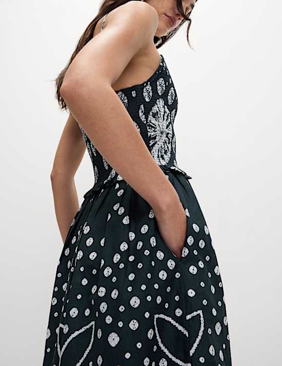 Pure Cotton Floral Midi Waisted Dress