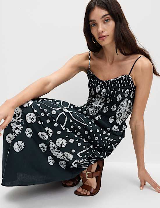 Pure Cotton Floral Midi Waisted Dress