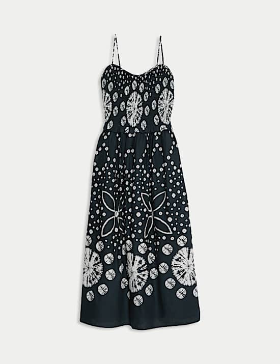 Pure Cotton Floral Midi Waisted Dress