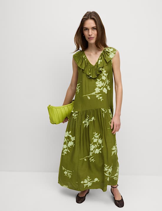 V-Neck Frill Detail Midaxi Relaxed Dress