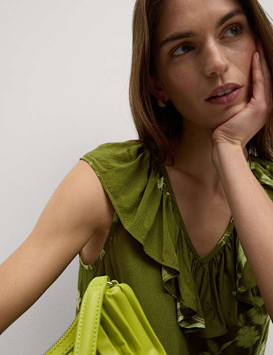 V-Neck Frill Detail Midaxi Relaxed Dress