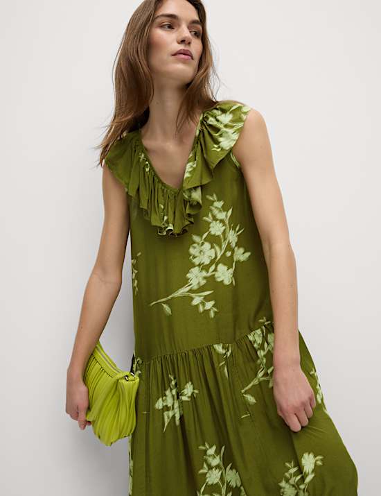 V-Neck Frill Detail Midaxi Relaxed Dress