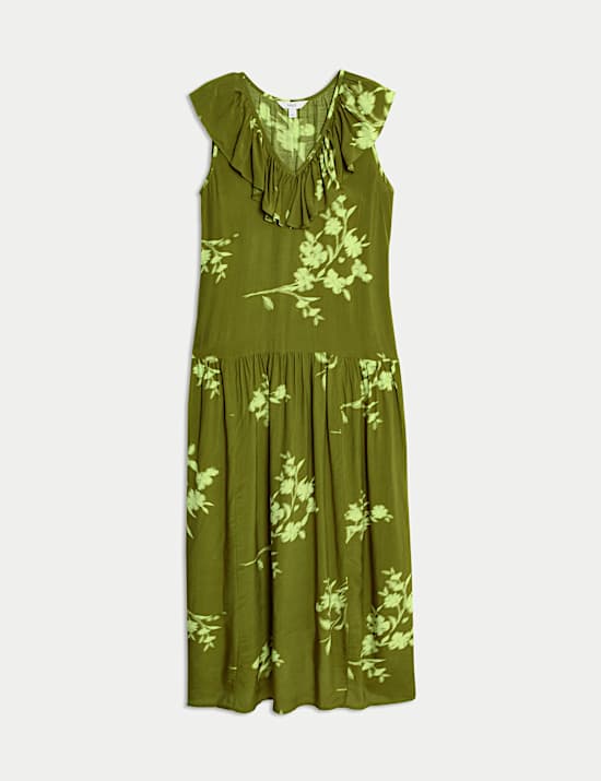 V-Neck Frill Detail Midaxi Relaxed Dress