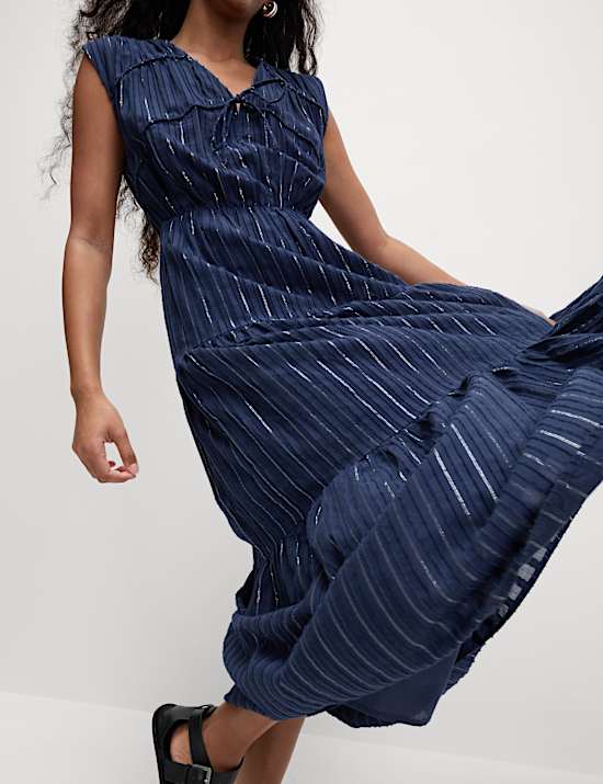 Cotton Rich Tie Neck Midi Waisted Dress