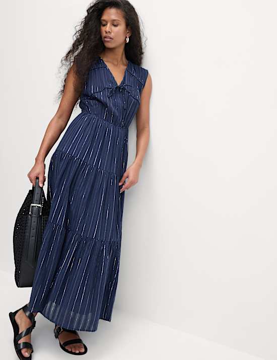 Cotton Rich Tie Neck Midi Waisted Dress