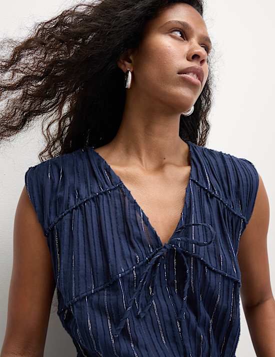 Cotton Rich Tie Neck Midi Waisted Dress