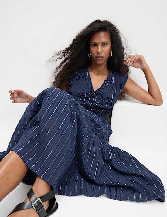 Cotton Rich Tie Neck Midi Waisted Dress
