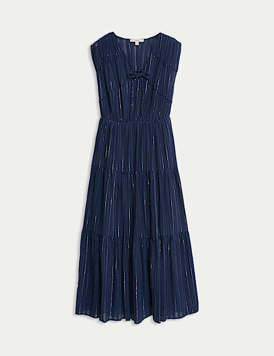 Cotton Rich Tie Neck Midi Waisted Dress