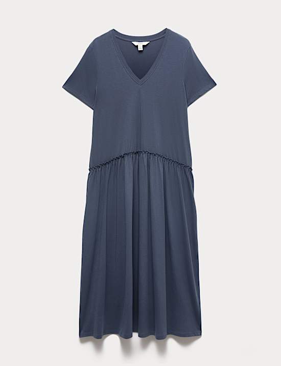 Jersey V-Neck Midi Drop Waist Dress