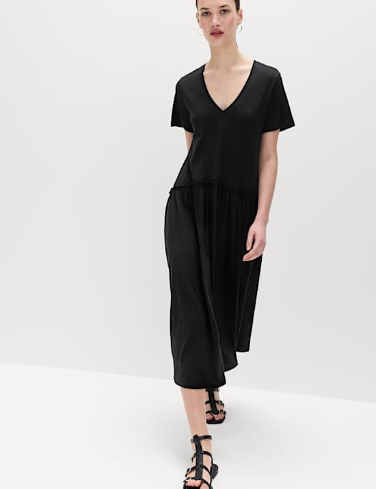 Jersey V-Neck Midi Drop Waist Dress