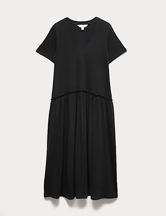 Jersey V-Neck Midi Drop Waist Dress
