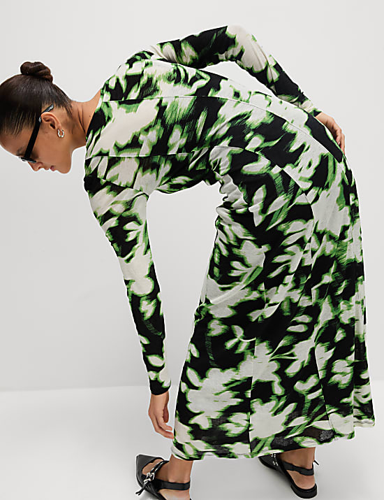 Mesh Jersey Floral Midi Column Dress