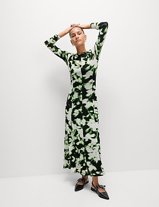 Mesh Jersey Floral Midi Column Dress