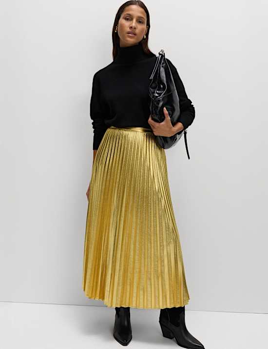 Metallic Gold Pleated Midi Skirt