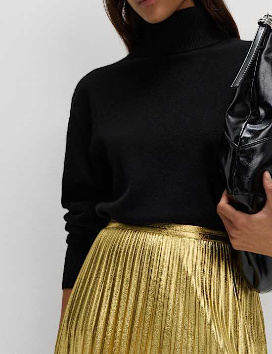 Metallic Gold Pleated Midi Skirt