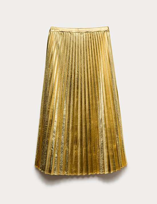 Metallic Gold Pleated Midi Skirt